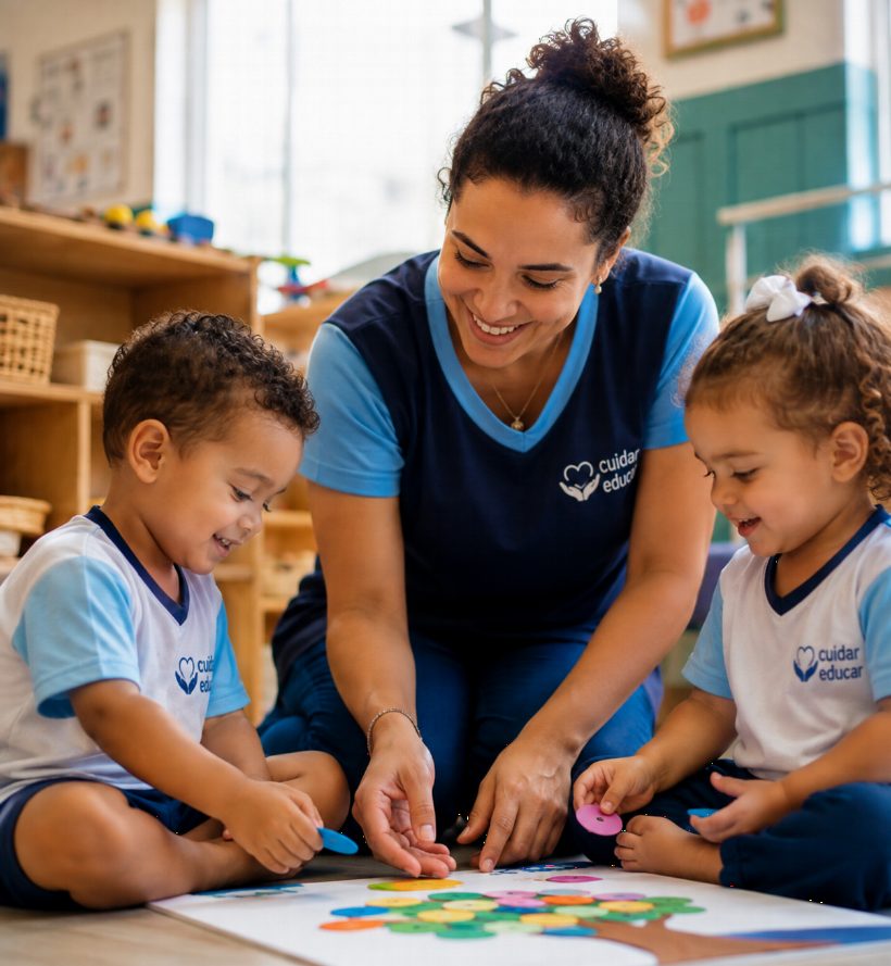 Educadora acompanhando crianças em sala de educação infantil